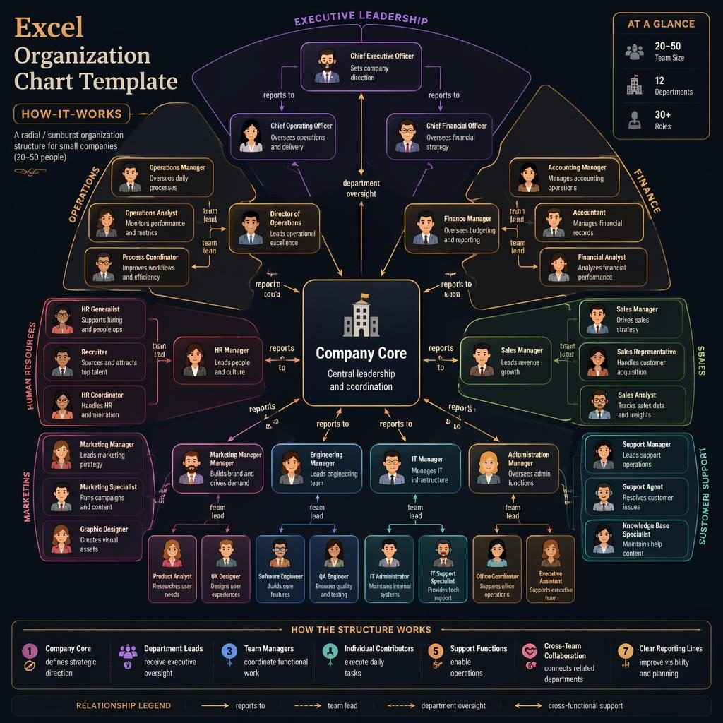Radial excel organization chart template infographic with company core, department clusters, reporting arrows, and legend.