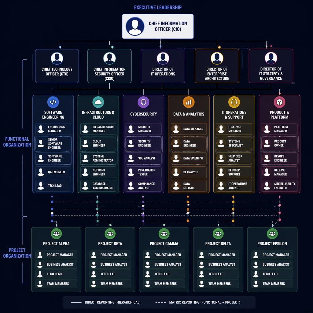Modern matrix IT org chart infographic with grouped departments, sharp role titles, and silhouette monogram avatars.