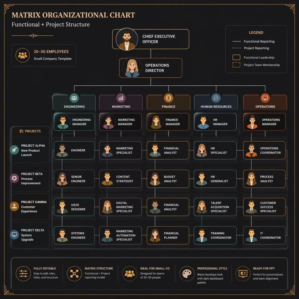 Matrix-style org chart infographic with grouped departments, cartoon avatars, sharp role labels, and dark warm dashboard colors.