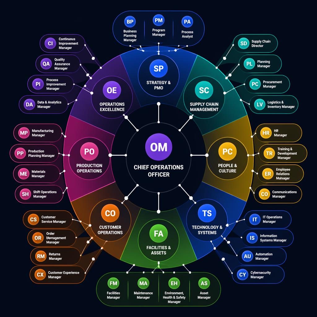 Radial org chart infographic for operations management with grouped departments, sharp role titles, and circle avatars.