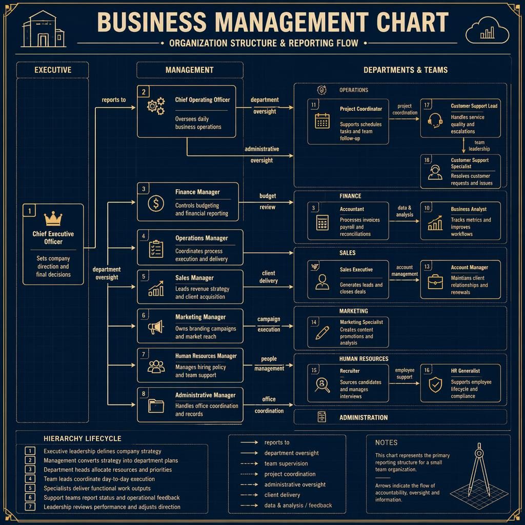 Blueprint-style business management chart with left-to-right org tree, 18 role boxes, department groups, arrows, and legend.
