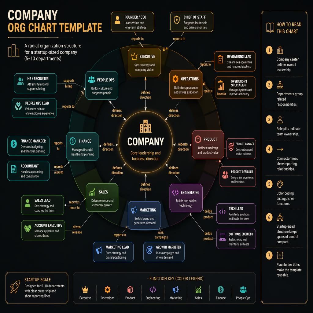 Radiale Org-Chart-Infografik mit Company-Zentrum, Abteilungen im Ring, Rollen-Kacheln, Icons, Linien und Legende 1–7.