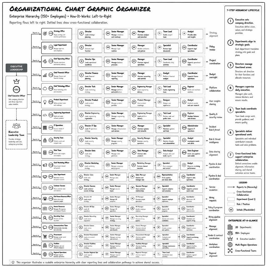 Monochrome enterprise organizational chart graphic organizer with left-to-right hierarchy, labeled role boxes, arrows, icons, and legend.