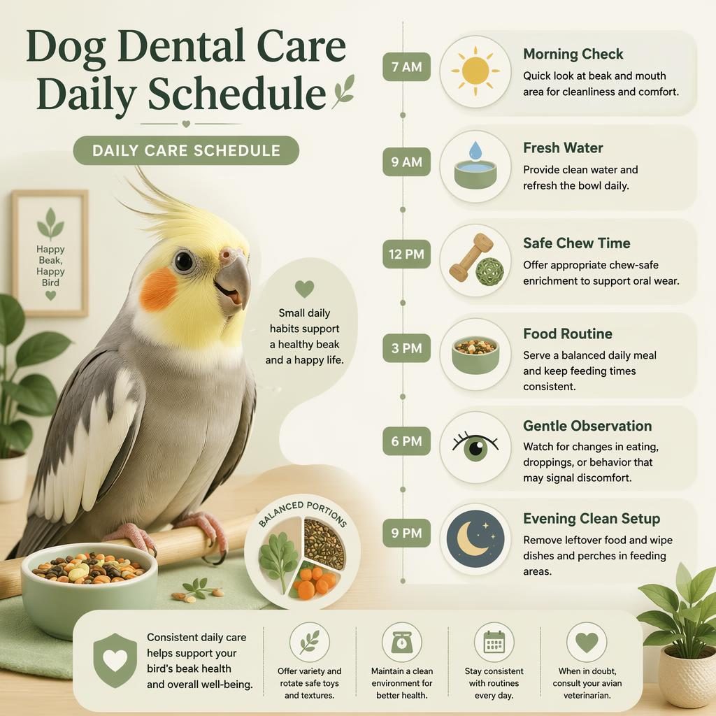 Pet care infographic with a friendly bird portrait and 6 daily care callouts, sage and cream palette, icons, and time cues.