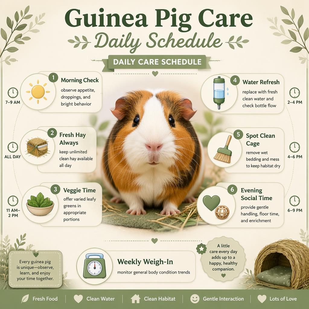Pet care infographic with a centered guinea pig portrait and 7 daily schedule callouts in sage and cream editorial style.