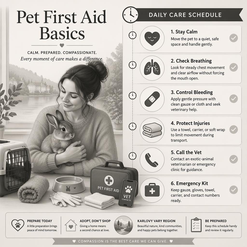 Editorial ilustrace infografiky Pet First Aid Basics s 6 panely denní péče, ikonami, přepravkou, ručníkem a klidným klinickým rozvržením.