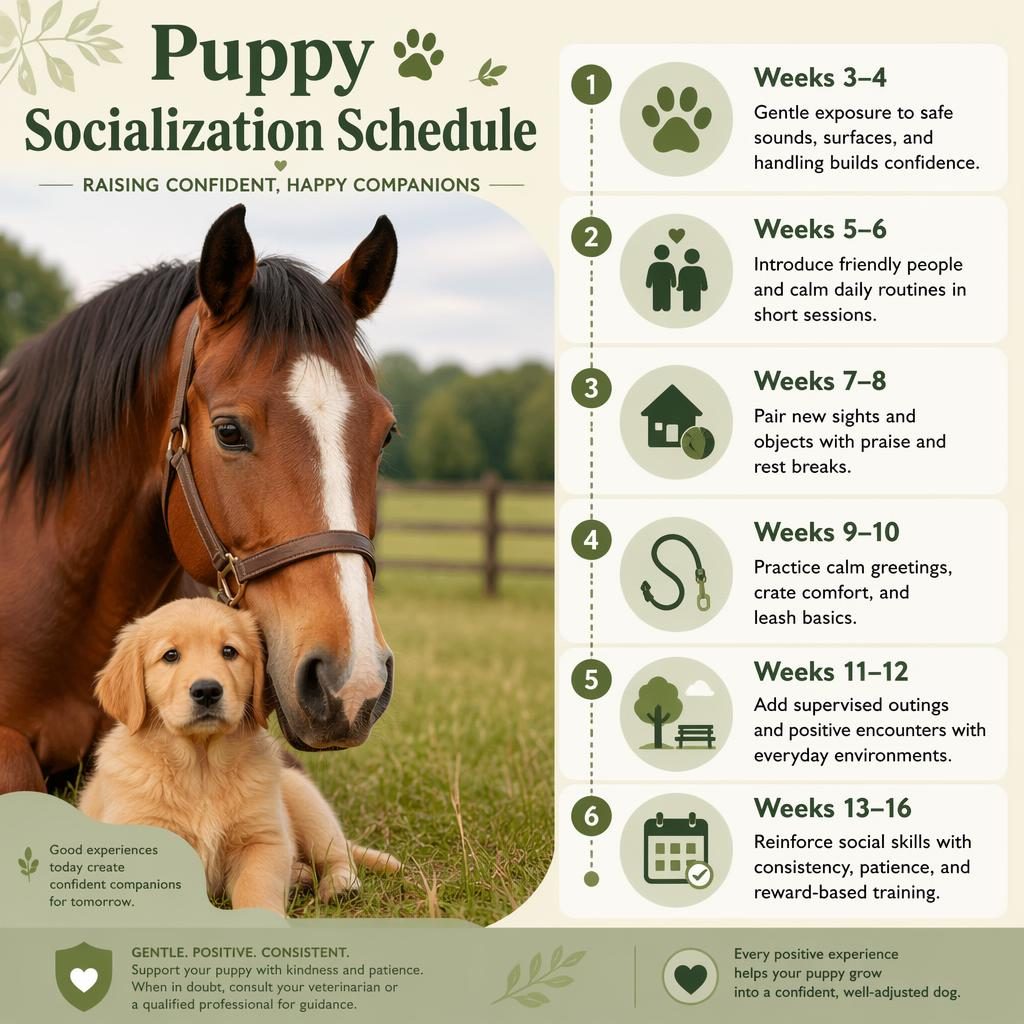 Editorial pet infographic with a warm horse portrait and a 6-step puppy socialization schedule in sage and cream.