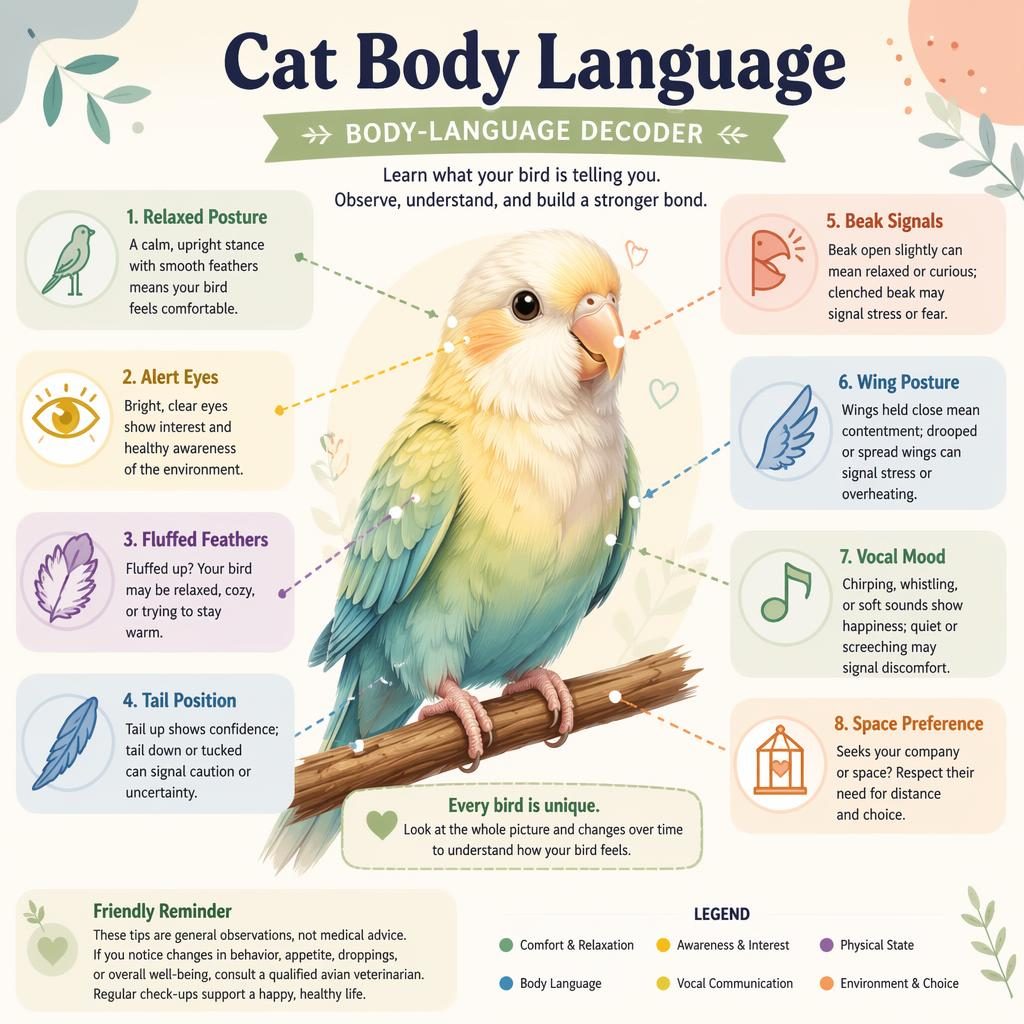 Pastel pet care infographic with a friendly bird portrait and 8 labeled body language callouts in clean editorial panels.
