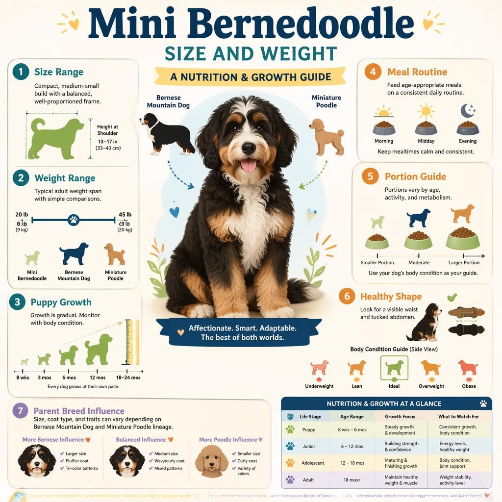 Editorial pet infographic with a centered fluffy mini bernedoodle, growth and nutrition chart, 7 labeled callouts, and icons.