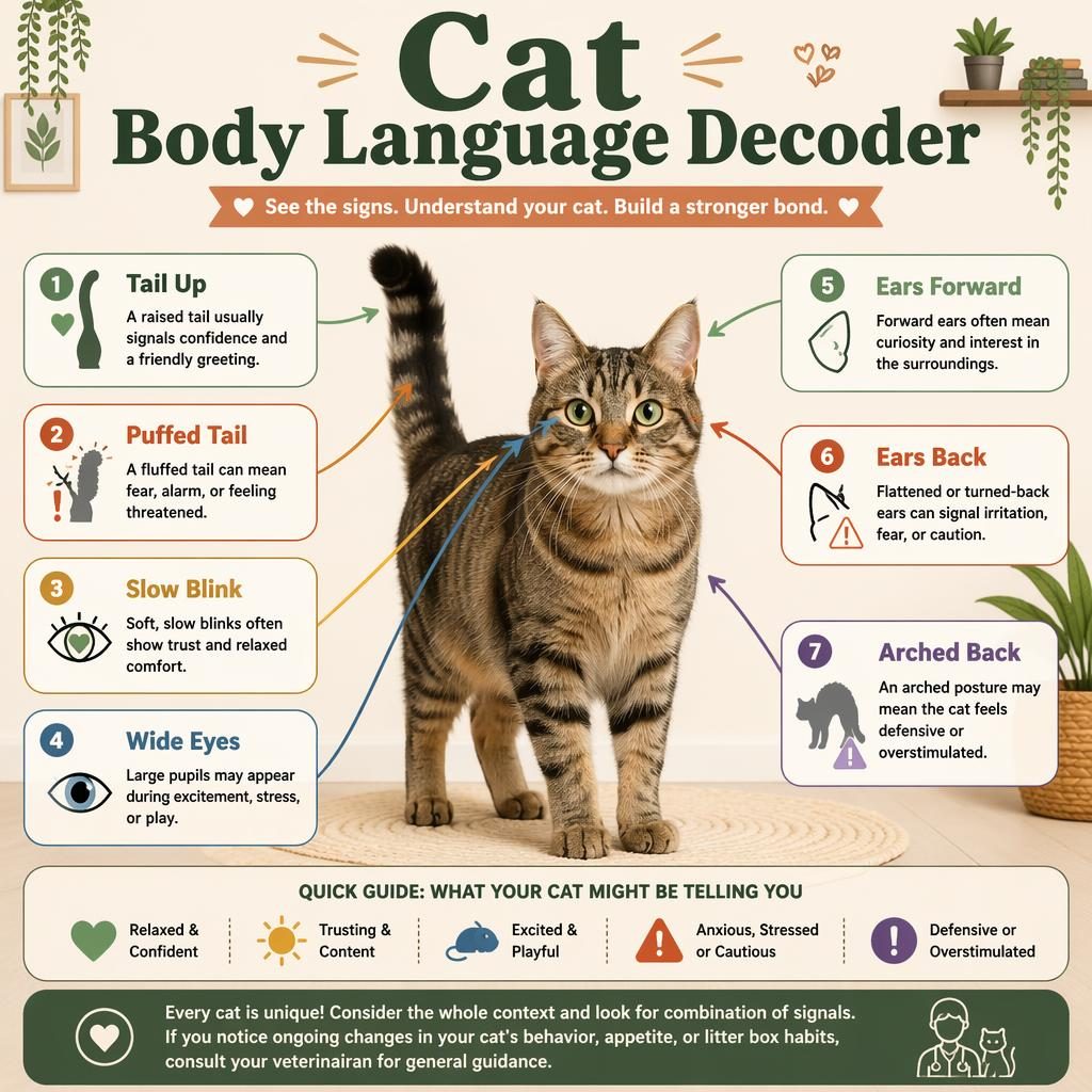 Editorial cat body language infographic with a centered domestic cat and 7 labeled callouts, arrows, icons, and legend cues.