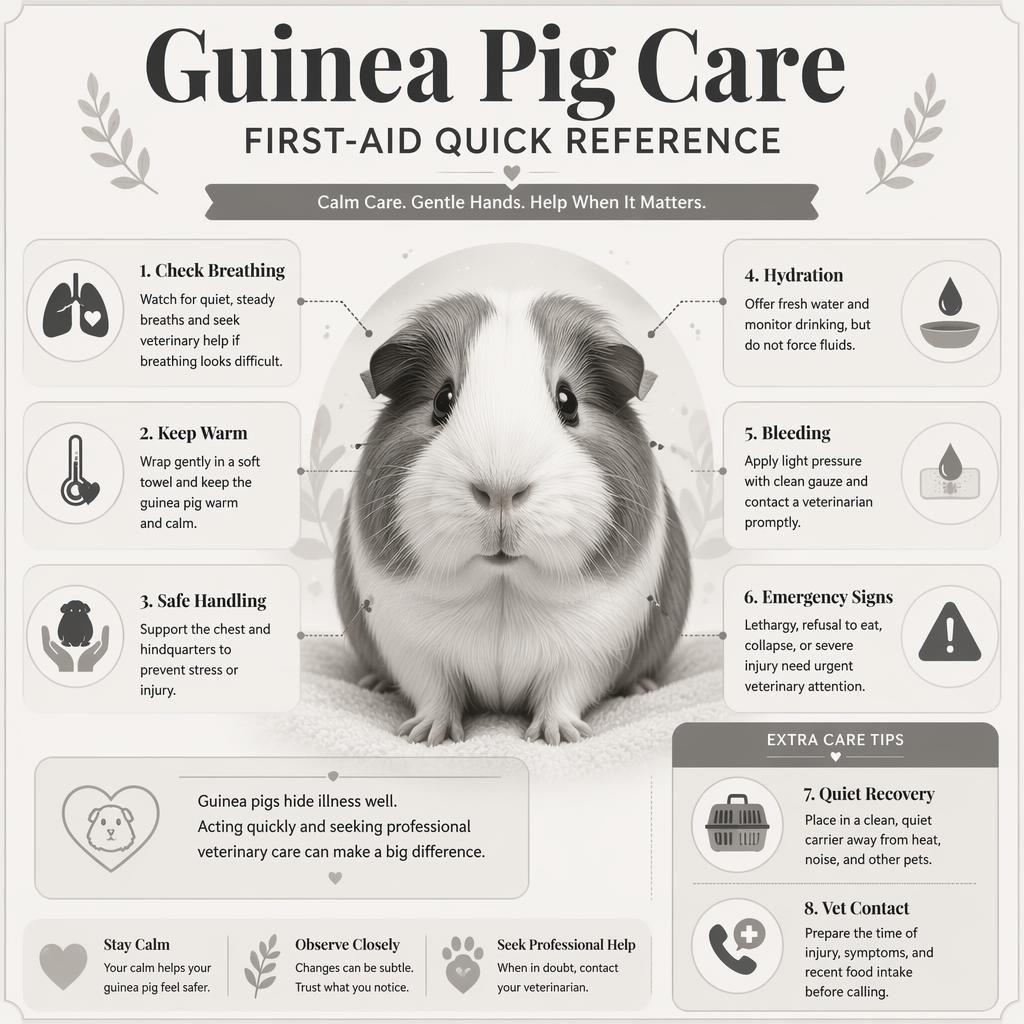 Infografika první pomoci pro morče s centrálním portrétem, 8 ikonami a čistými panely v elegantní monochromatické paletě.
