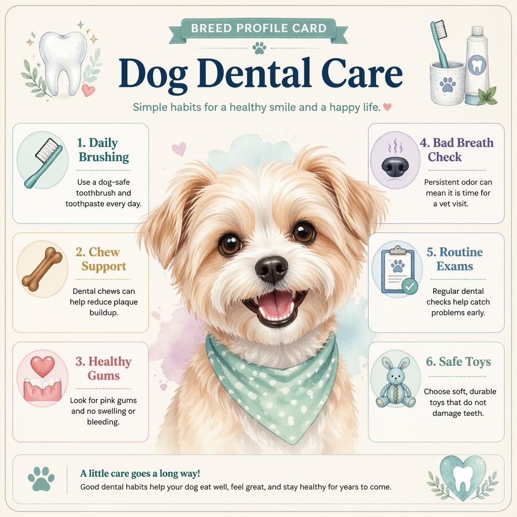 Akvarelová infografika s portrétem přátelského malého psa, 6 anglickými tipy péče o zuby a jemným magazínovým rozvržením.
