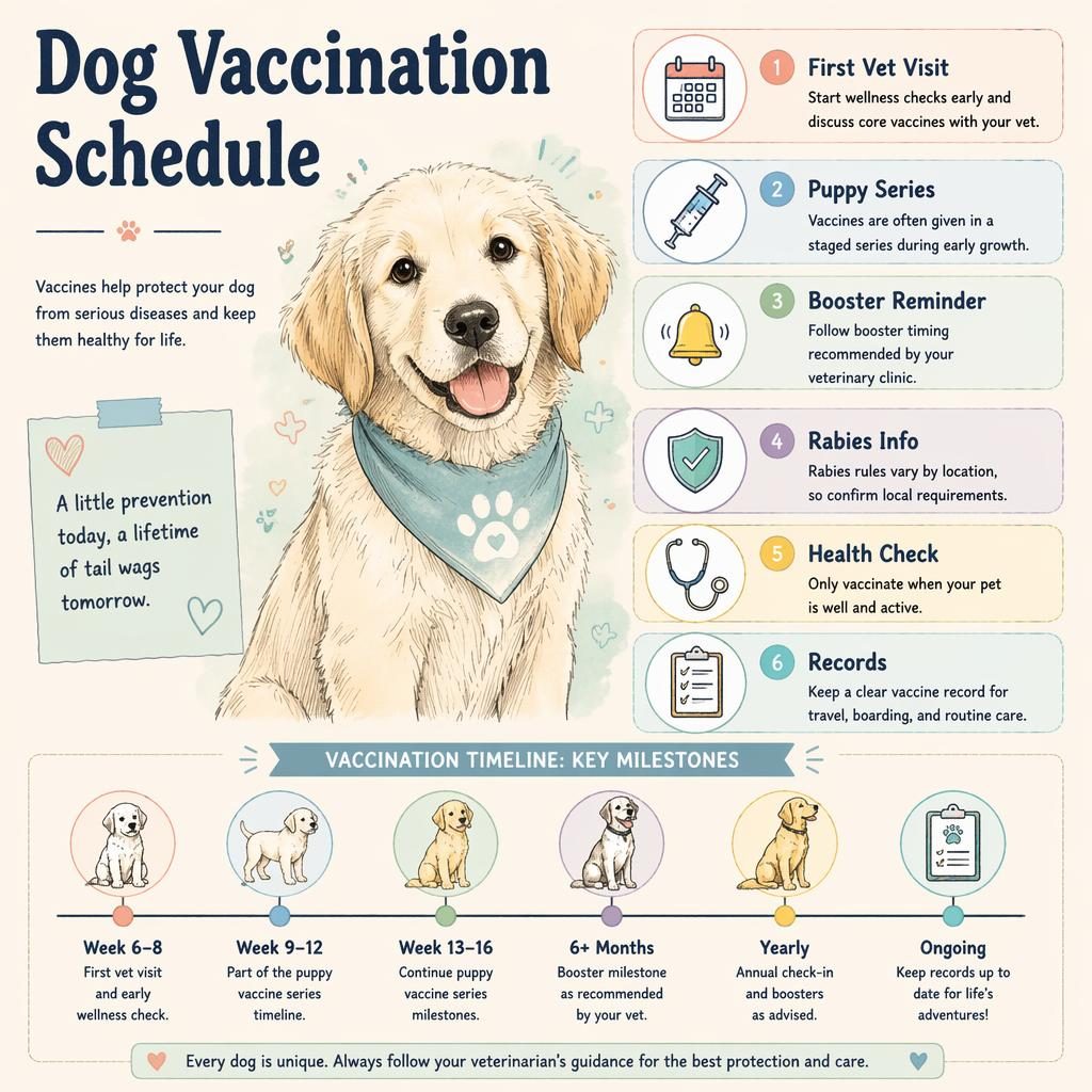 Pastel pet care infographic with a sketchnote bird portrait, age-based vaccine timeline, and 6 labeled veterinary callouts with icons.