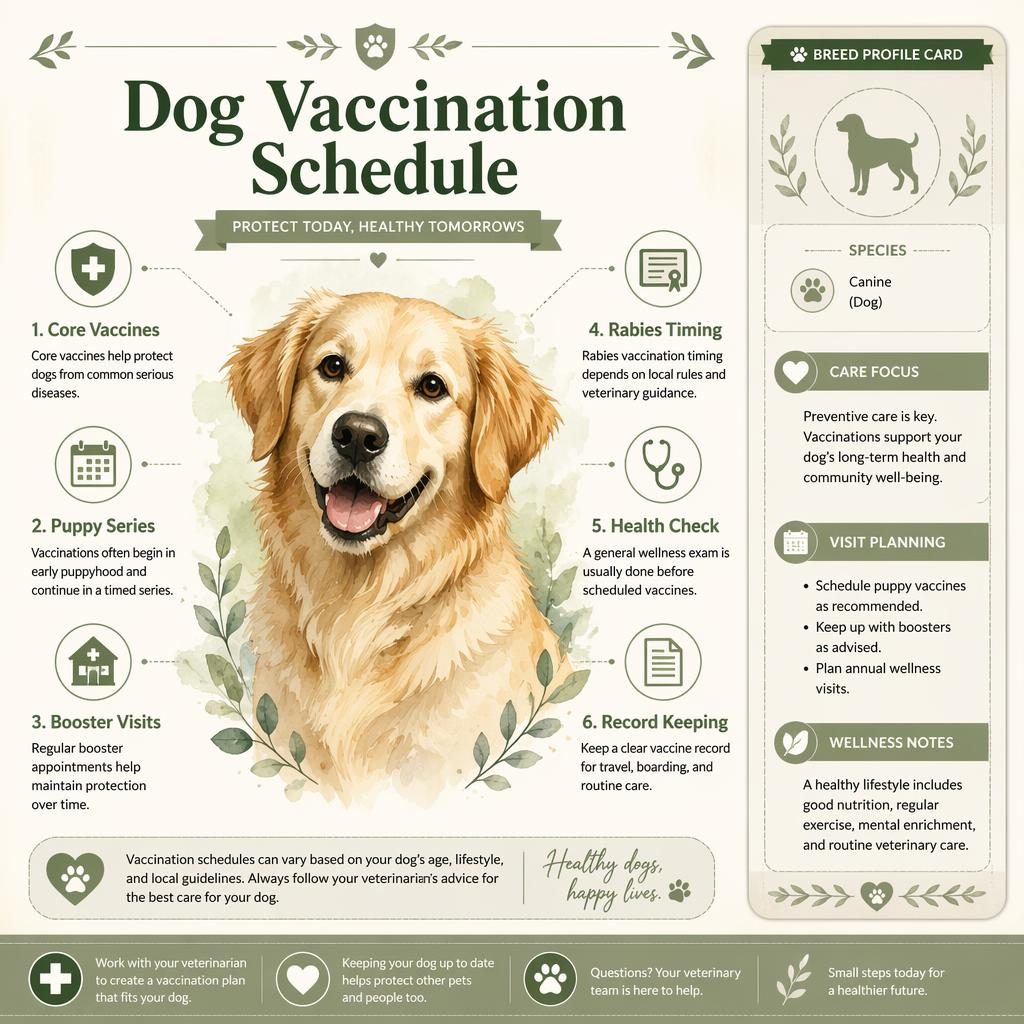 Pet care infographic with a watercolor bird portrait, 6 vaccine callouts, and a profile-card sidebar in sage and cream.