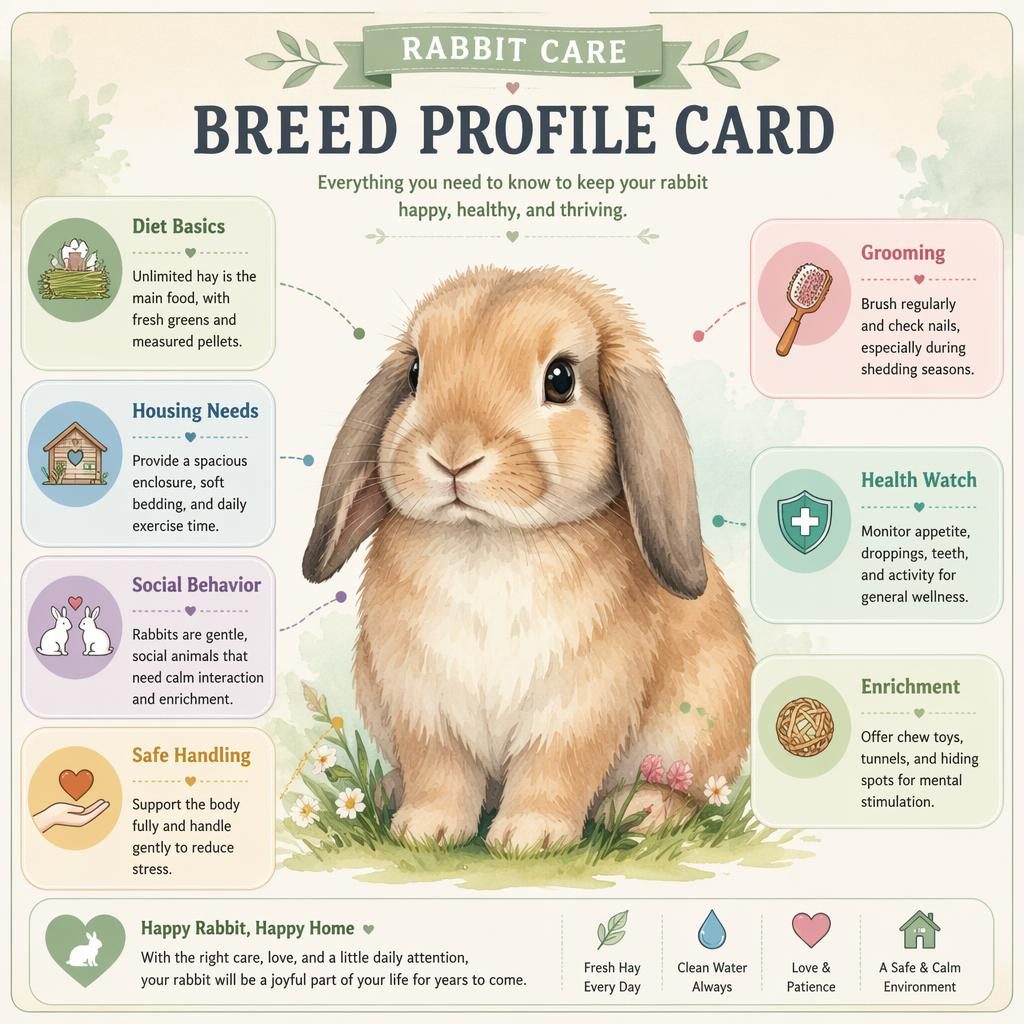 Pastel rabbit care breed profile infographic with watercolor rabbit portrait, labeled care callouts, icons, and neat panels.