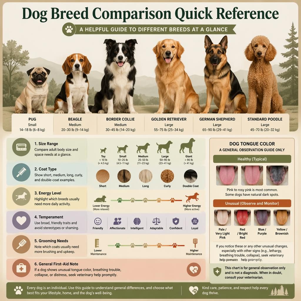 Pet care infographic with multiple dog breed portraits, 6 comparison callouts, icons, badges, and a dog tongue color chart.