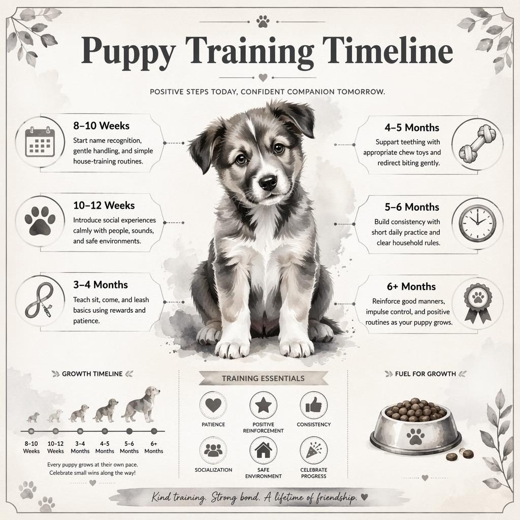 Elegant puppy training timeline infographic with watercolor mixed-breed puppy portrait, 6 milestone callouts, icons, and bowl accents.
