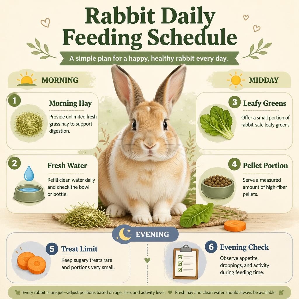 Editorial rabbit care infographic with a centered rabbit, 6 feeding callouts, icons, and morning to evening schedule sections.