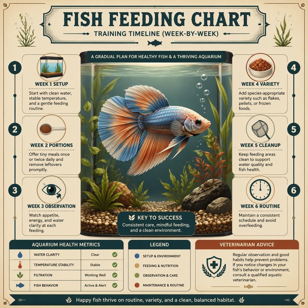 Fish feeding timeline infographic with aquarium fish portrait, six weekly callouts, icons, metric boxes, and vintage editorial styling.