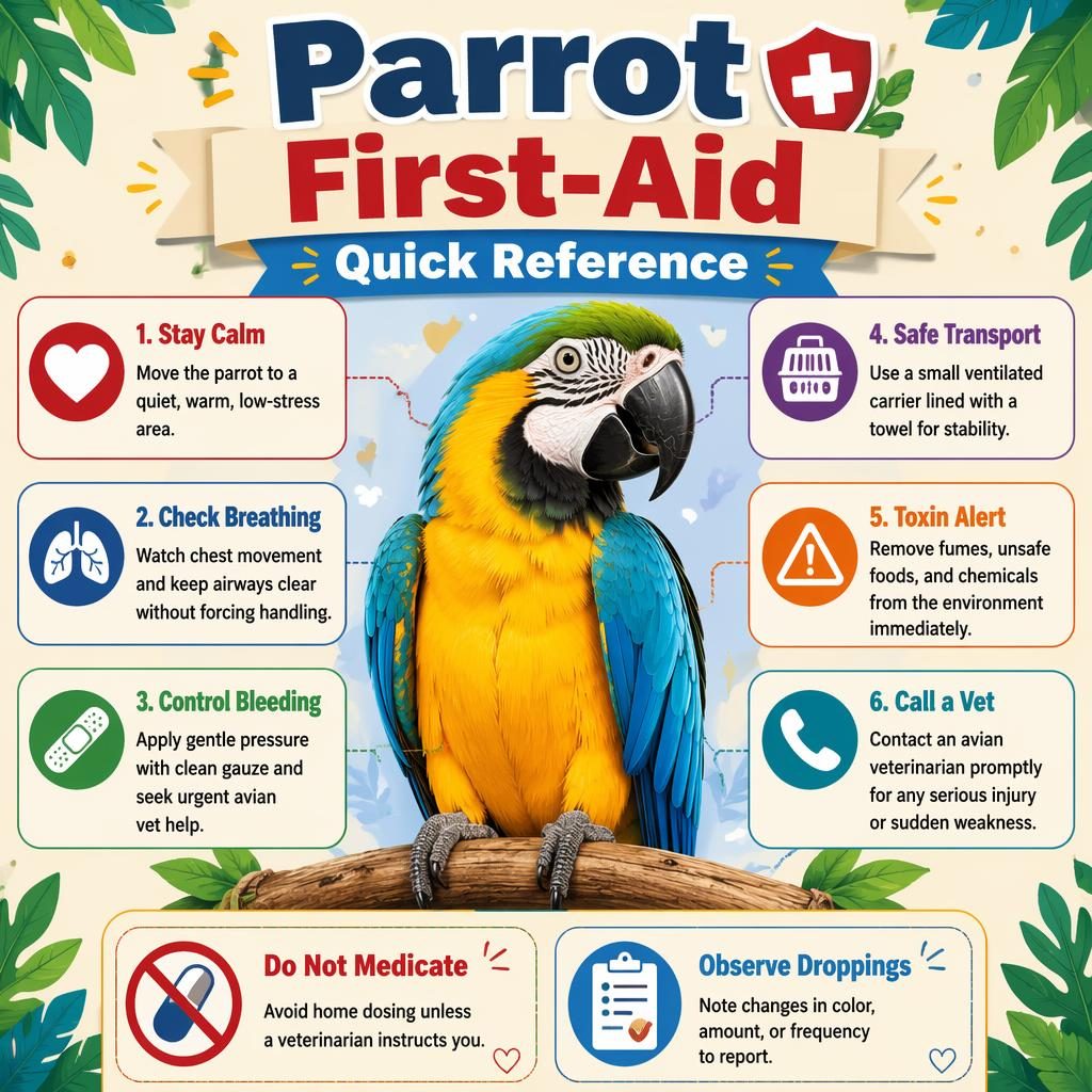 Colorful parrot first-aid infographic with 6 care callouts, icons, and 2 reminder boxes in a friendly editorial style.