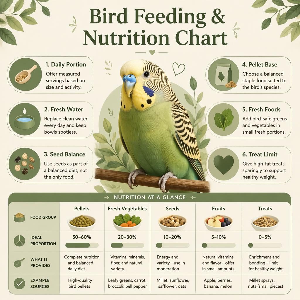 Pet care infographic with a friendly bird portrait, six nutrition callouts, and a simple comparison chart in sage and cream.