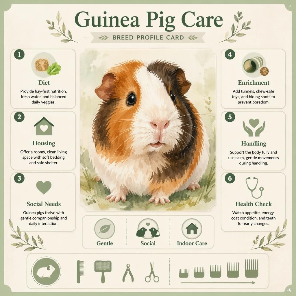 Pet care infographic titled Guinea Pig Care with a watercolor horse portrait, 6 care callouts, badges, and grooming chart cues.