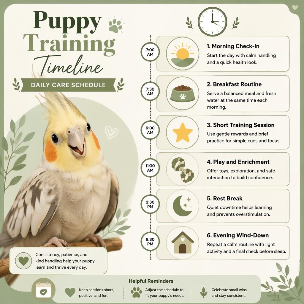Pet care infographic with a friendly bird portrait and 6 daily care schedule callouts in sage and cream editorial style.