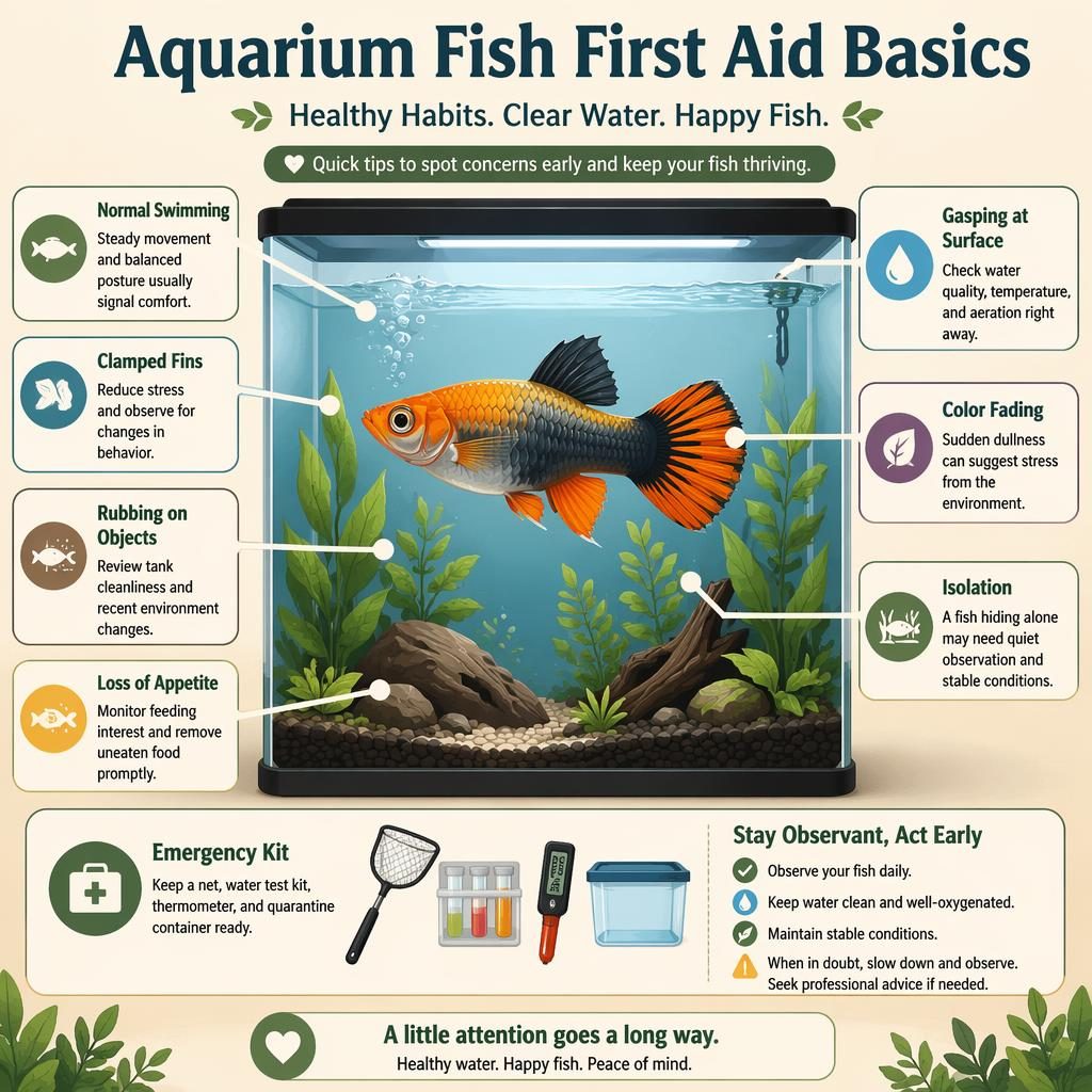 Flat editorial infographic of a healthy aquarium fish in a planted tank with 8 labeled first aid callouts, icons, arrows, and legends.