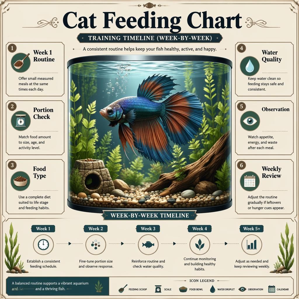Vintage-style pet care infographic with an elegant aquarium fish portrait, week-by-week feeding panels, and six labeled care callouts.