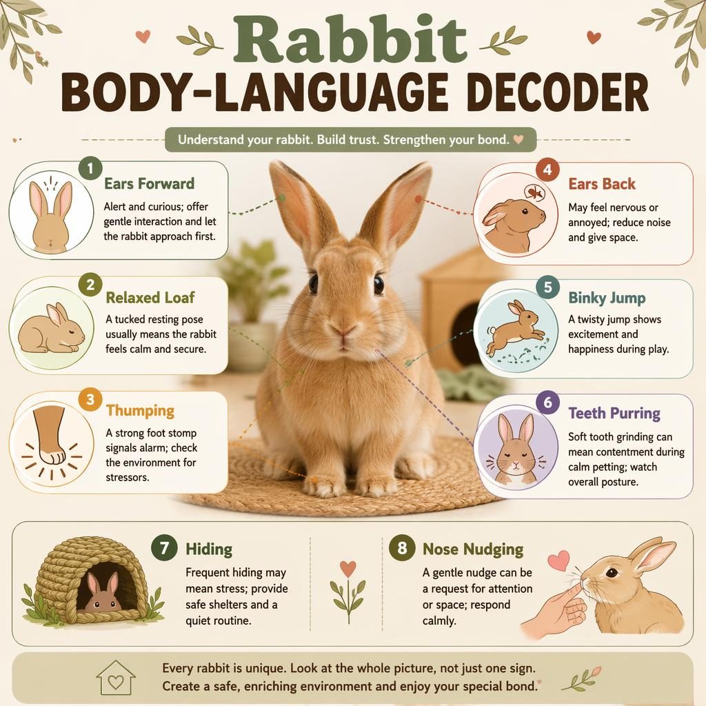 Flat pet care infographic with a centered rabbit, 6 body language callouts, and 2 bottom tips in a warm editorial style.