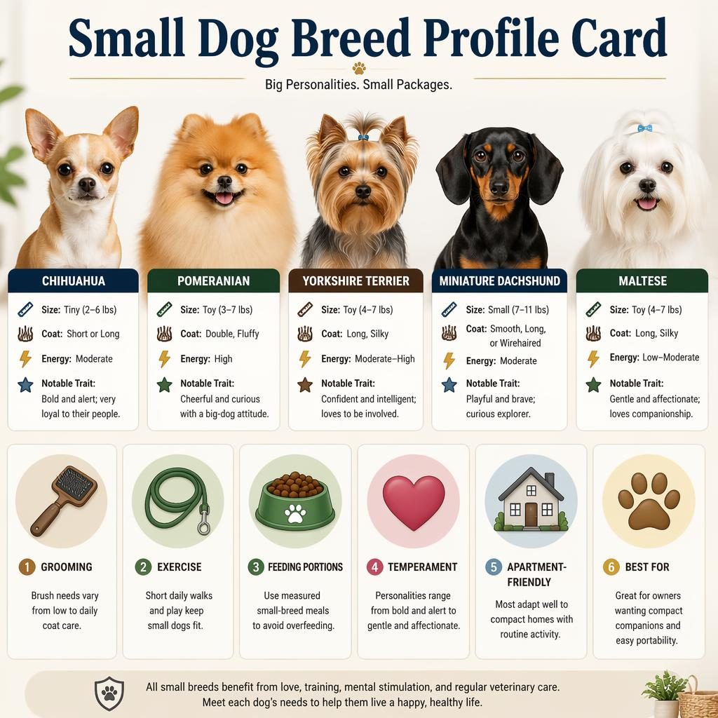 Infografía editorial con retratos realistas de Chihuahua, Pomerania, Yorkshire Terrier, Dachshund mini y Maltés.