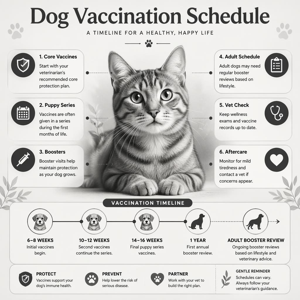 Monochrome pet care infographic with a cat portrait, 6 vaccine callouts, icons, and an age-based schedule panel.