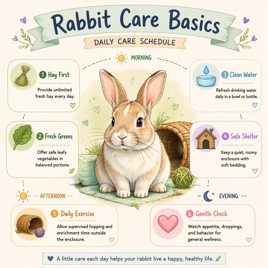 Pastel pet care infographic with a central rabbit portrait and 6 labeled care callouts for hay, greens, water, shelter, exercise, and checks.