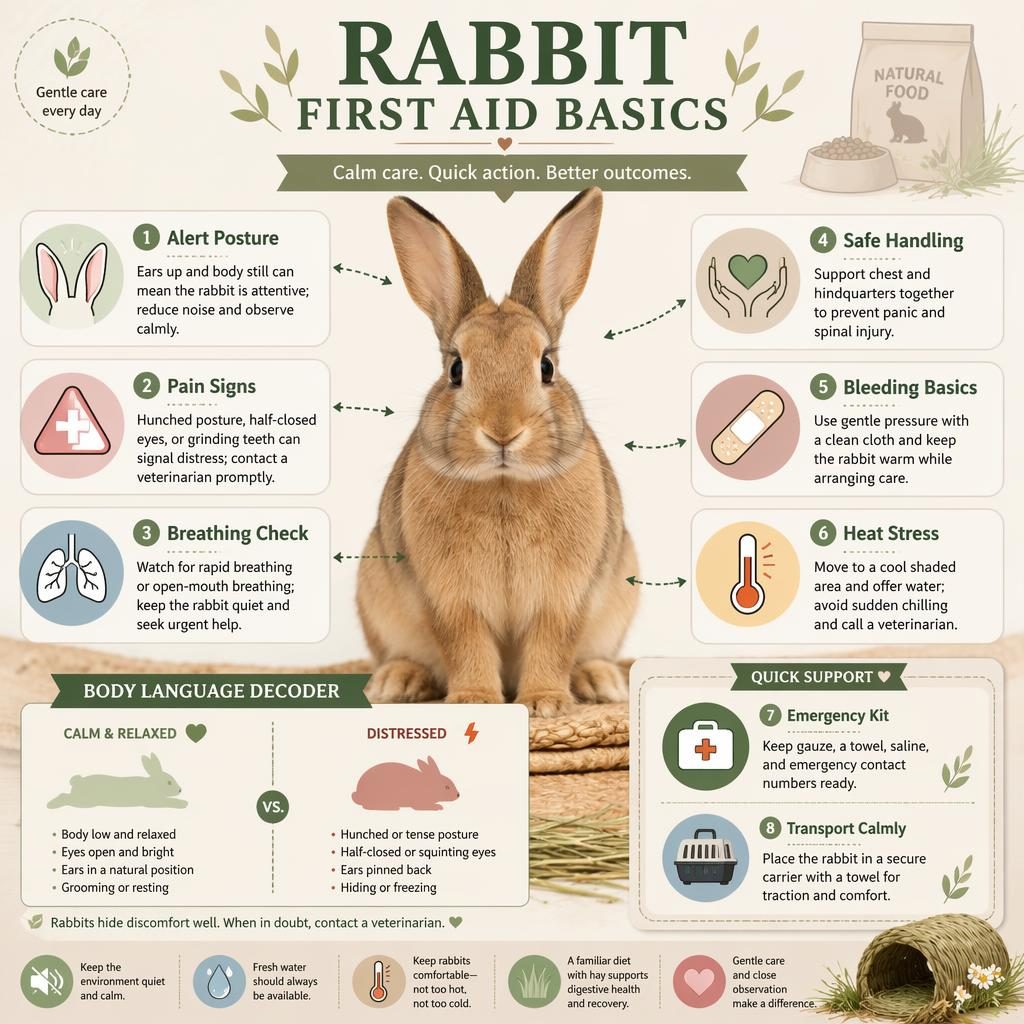 Editorial rabbit first aid infographic with central rabbit, 8 icon callouts, warm flat design, and subtle packaging chart motif.