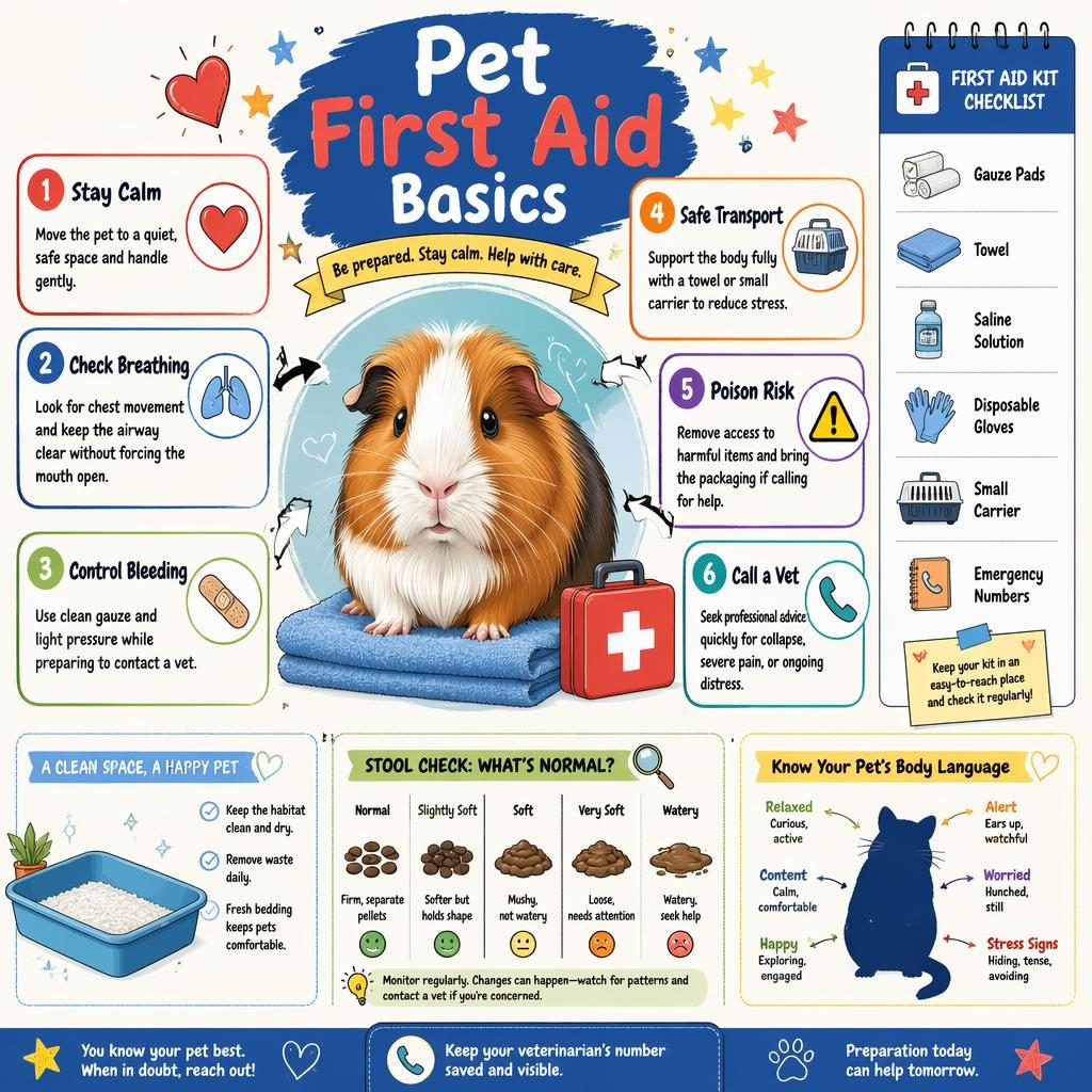 Sketchnote pet first aid infographic with small exotic pet portrait, 6 callouts, checklist panel, and subtle raw fed cat poop chart cues.