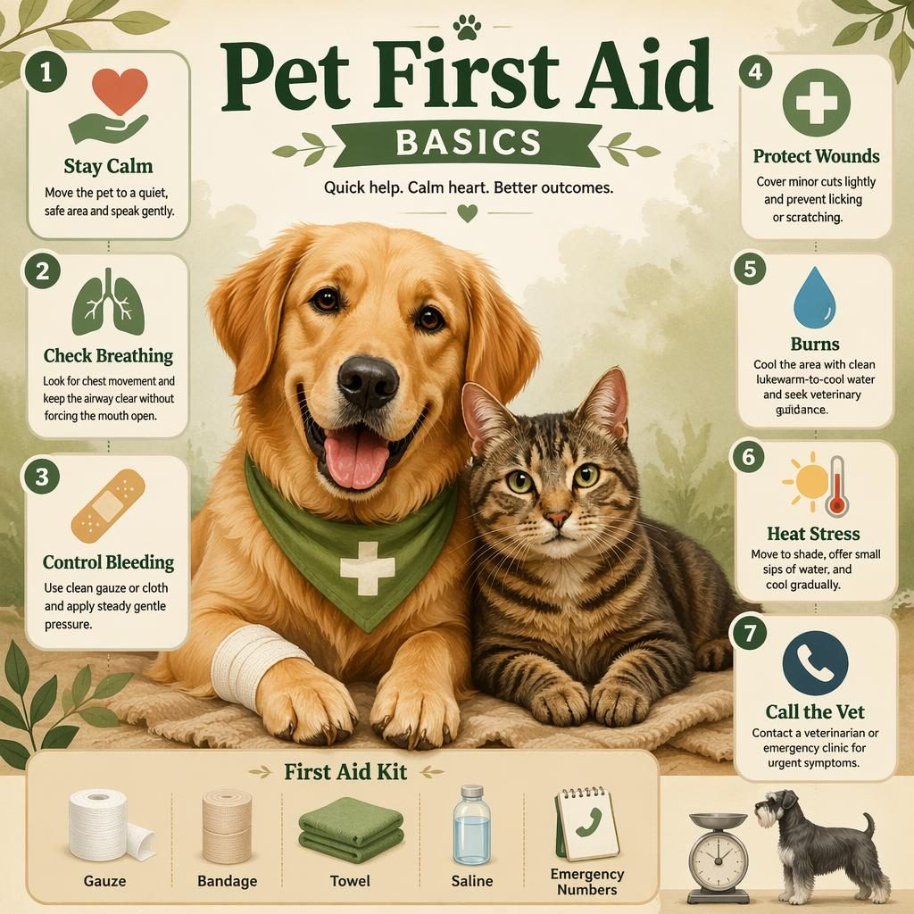 Pet first aid infographic with dog and cat portrait, 7 safety callouts, first aid kit footer, and tiny schnauzer silhouette icon.