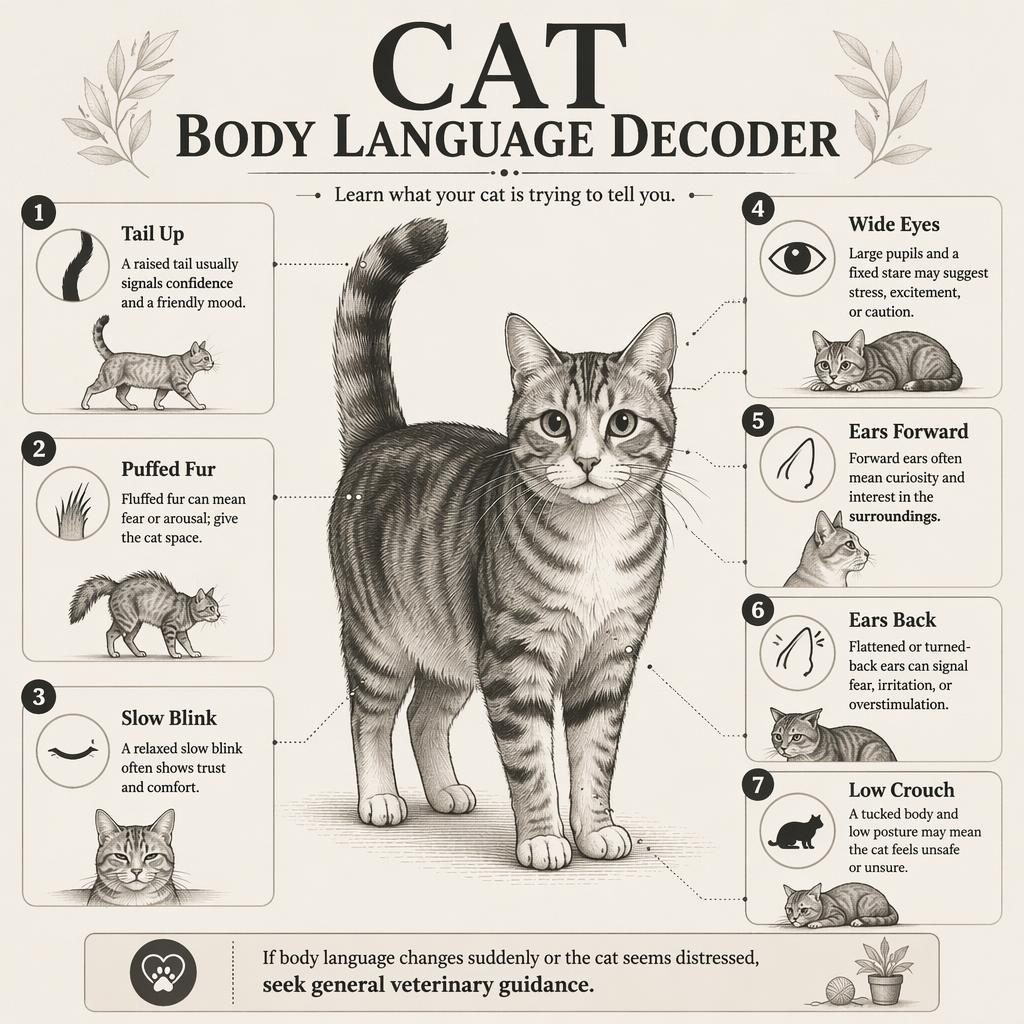 Monochrome pet care infographic with a standing domestic cat, 7 body language callouts, icons, and calm inset poses.