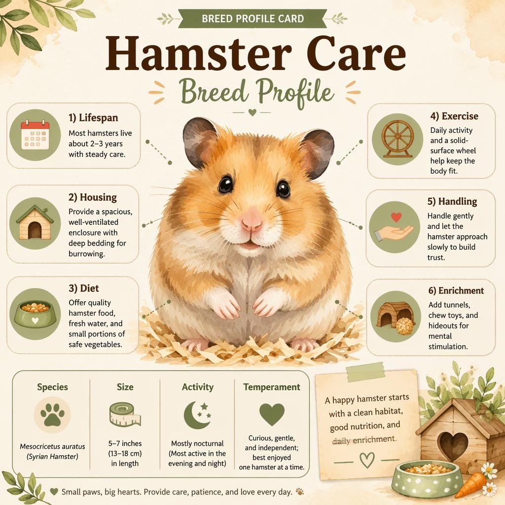 Watercolor hamster care infographic with hero hamster portrait, six care callouts, icons, and a compact profile panel.