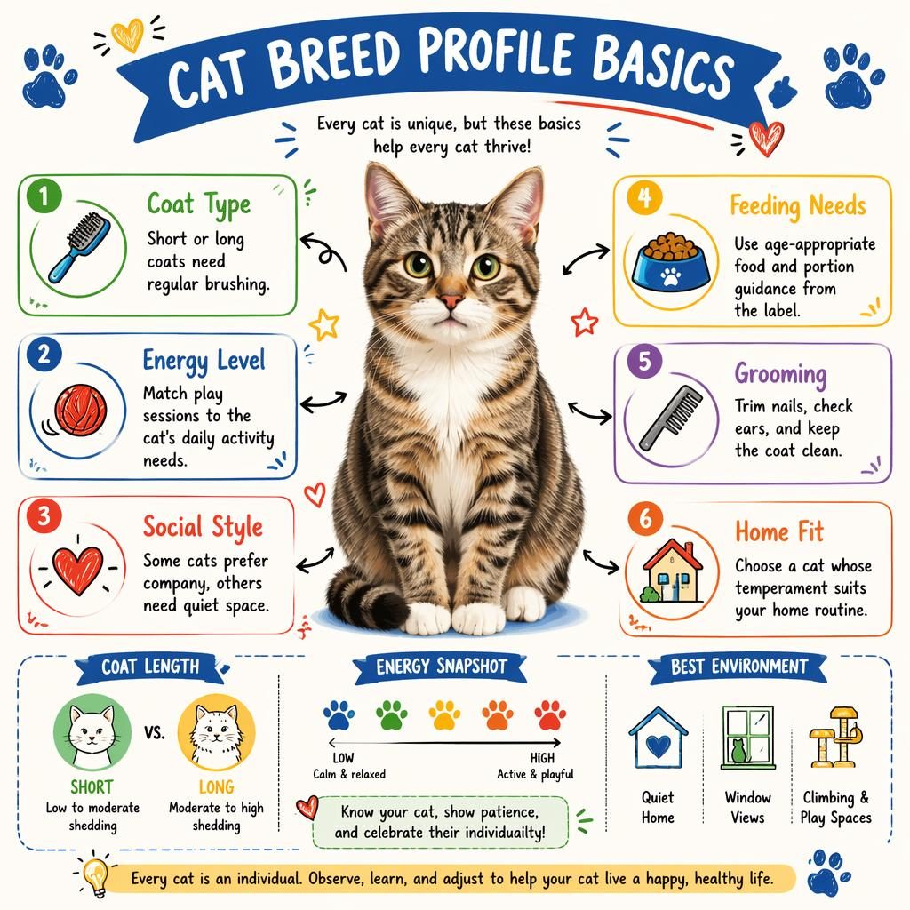 Pet care infographic with a centered friendly cat portrait and 6 English callouts on coat, energy, social style, feeding, grooming, and home fit.