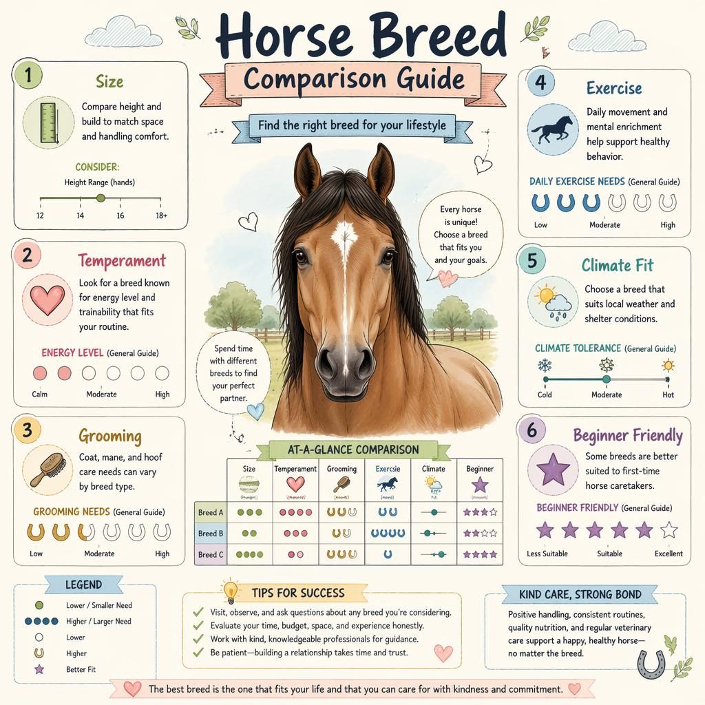 Pastel sketchnote infographic with a centered friendly horse and 6 comparison callouts with icons, badges, arrows, and legend.