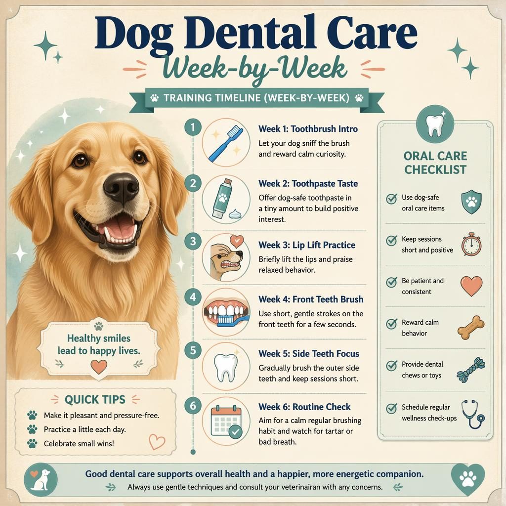 Vintage-style pet care infographic with a smiling healthy dog, six weekly dental care callouts, icons, sparkles, and checklist.