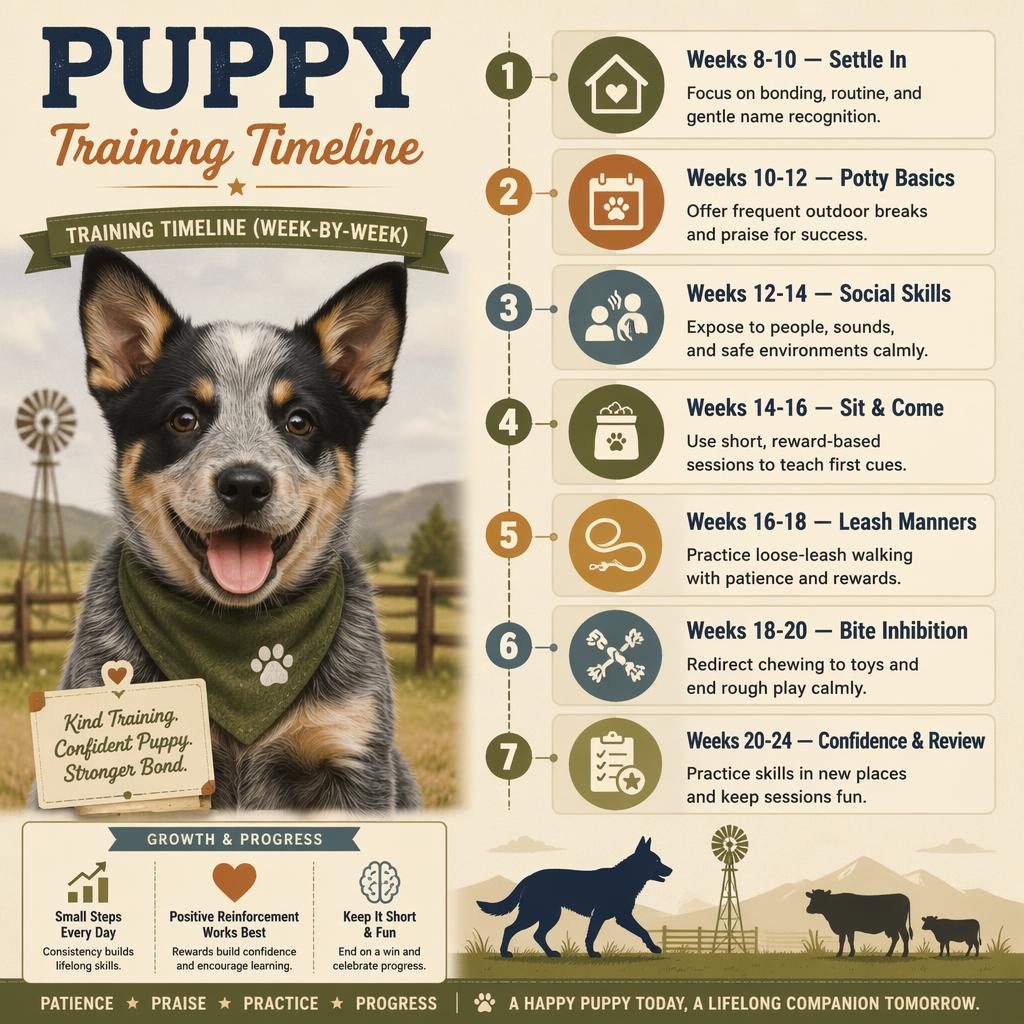 Pet care infographic with a happy puppy portrait and 7 week-by-week training callouts in a warm vintage style.