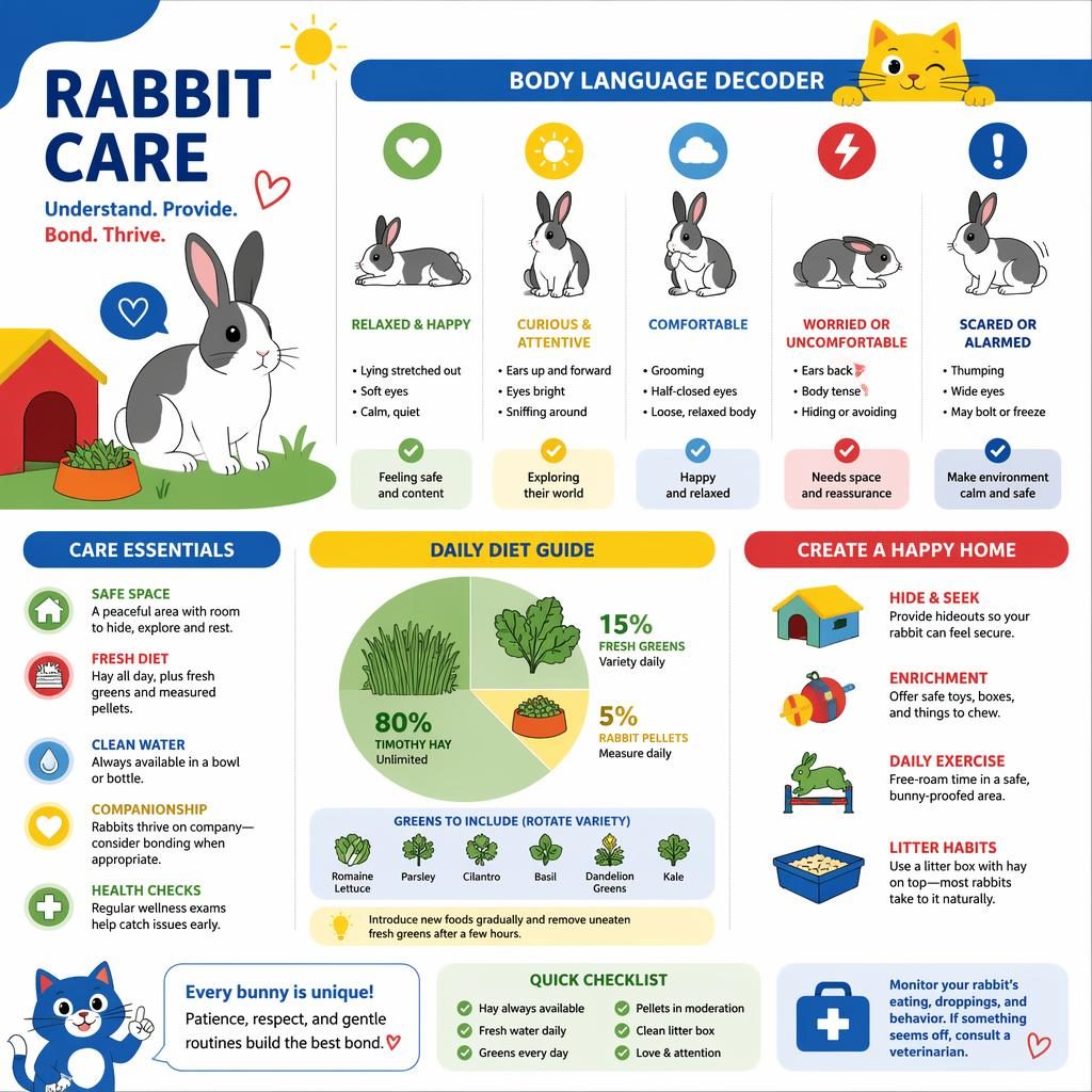 Pet care infographic about: rabbit care. Archetype: body-language decoder. Species: cat. Style: minimal flat, playful pr