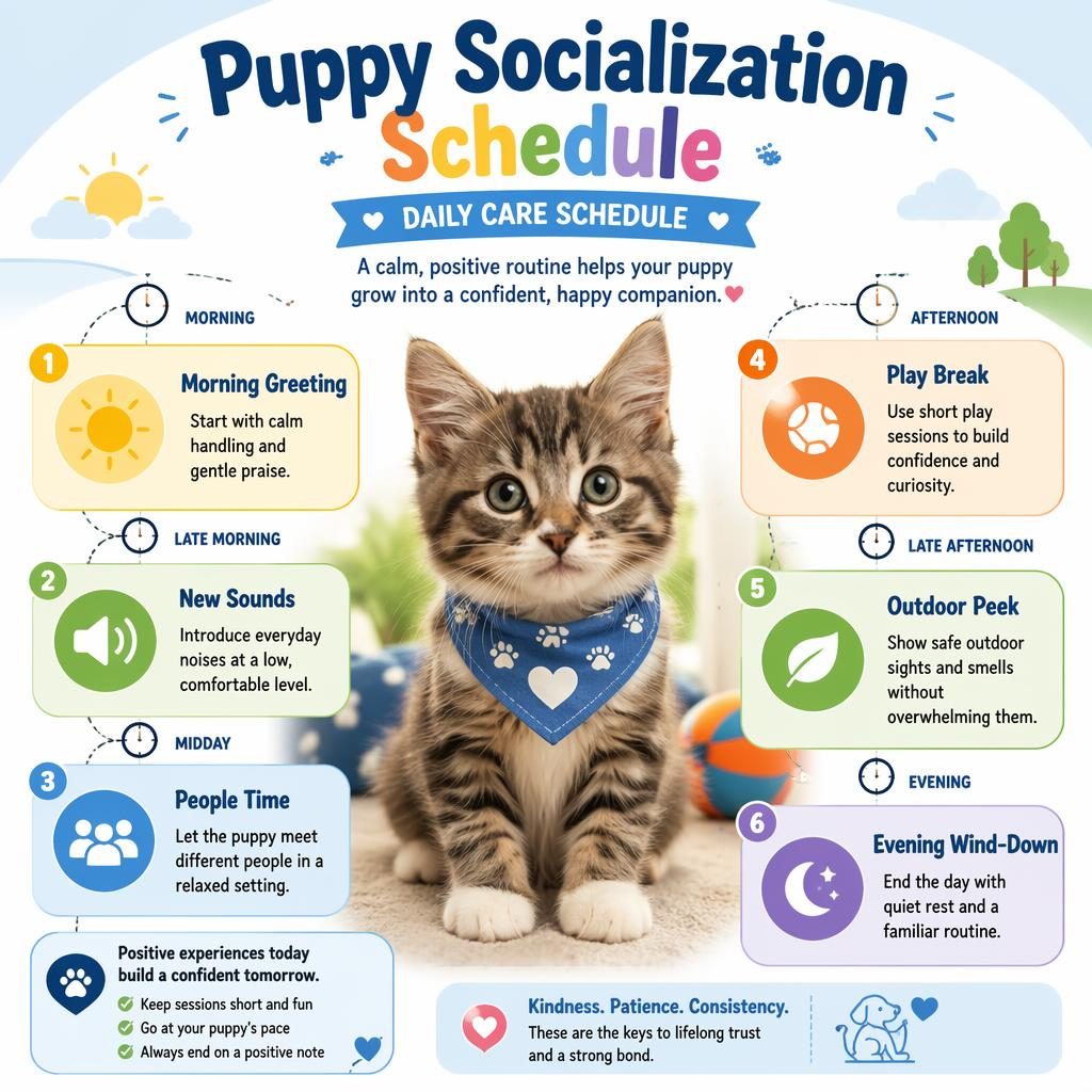 Pet care infographic with a hero cat portrait, 6 daily routine callouts, icons, clocks, and a morning-to-evening flow path.