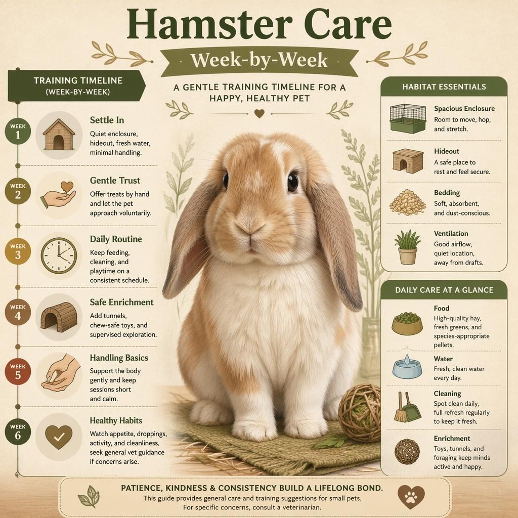 Pet care infographic with a centered rabbit portrait and a 6-week training timeline, plus side icons for habitat, food, water, cleaning, and enrichment.