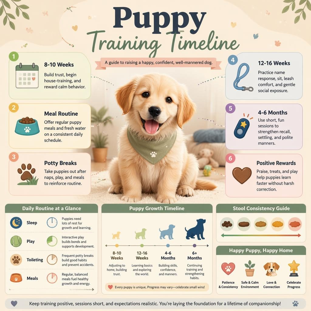 Pastel pet care infographic with a happy puppy portrait, six training callouts, routine icons, and an abstract poop chart for dogs.