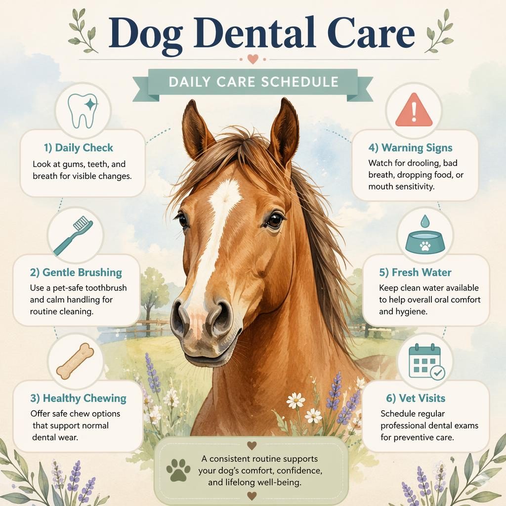 Pet care infographic with a friendly horse portrait and 6 English dental care callouts, icons, pastel editorial layout.