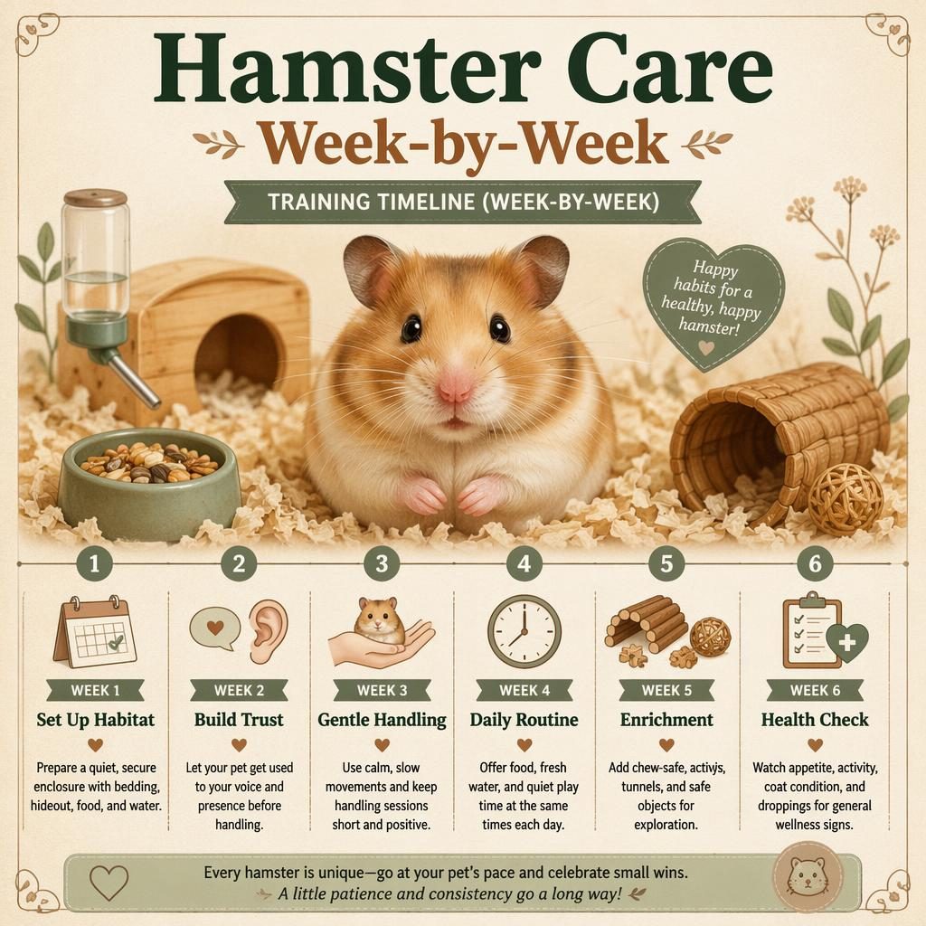 Pet care infographic with a centered rabbit portrait and a 6-week care timeline with English callouts, icons, and muted earth tones.