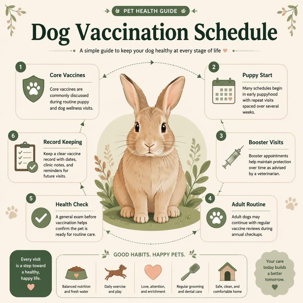 Pet care infographic with a rabbit portrait and 6 dog vaccination schedule callouts, icons, and muted editorial layout.