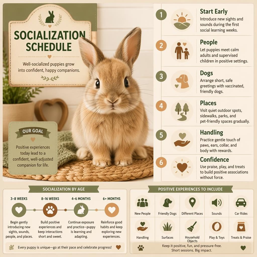 Pet care infographic with a rabbit portrait, 6 socialization callouts, icons, tidy chart panels, and warm earthy editorial styling.
